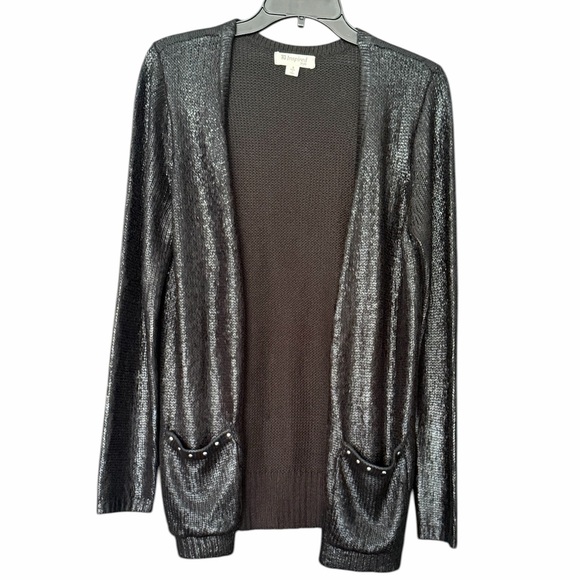 Inspired Style Sweaters - Inspire Metallic Black Open-Front Cardigan with Stud Pocket Trim